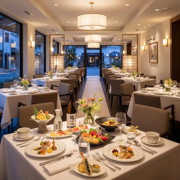 Elegant dining setup at Kaviar Restaurant highlighting accessibility features and fine Japanese cuisine