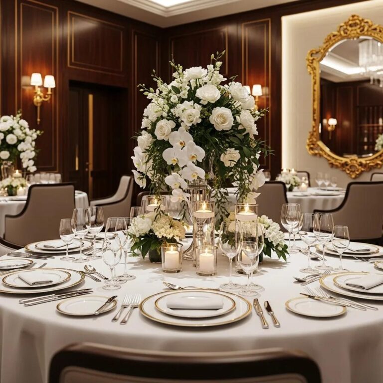 Elegant dining setup at Kaviar Restaurant featuring a luxurious table adorned with white flowers, candles, fine china, and crystal glassware, showcasing a sophisticated atmosphere for exclusive dining experiences.