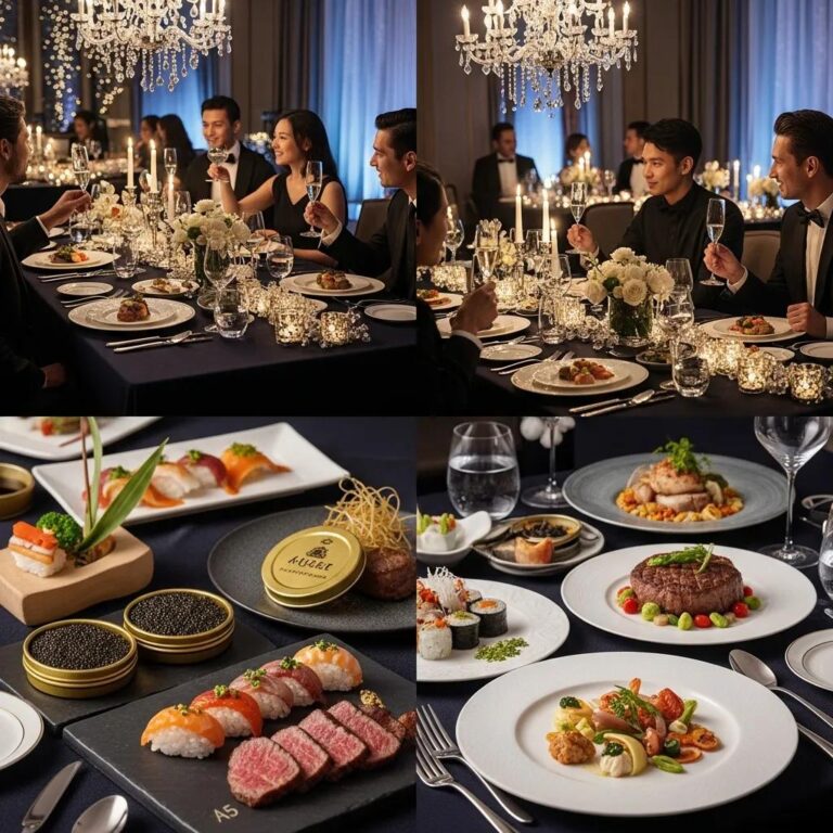 Elegant dining setup for New Year's Eve gala featuring fine dining dishes and festive decorations