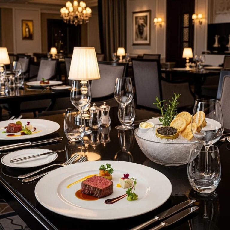 Elegant dining setup in luxury hotel restaurant featuring gourmet dishes, fine dining elements, and caviar with breadsticks, emphasizing Kaviar's upscale culinary experience.