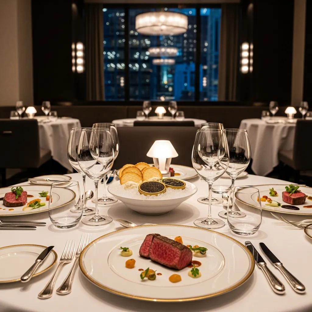 Elegant dining setup in a luxury NYC restaurant featuring gourmet dishes and sophisticated ambiance