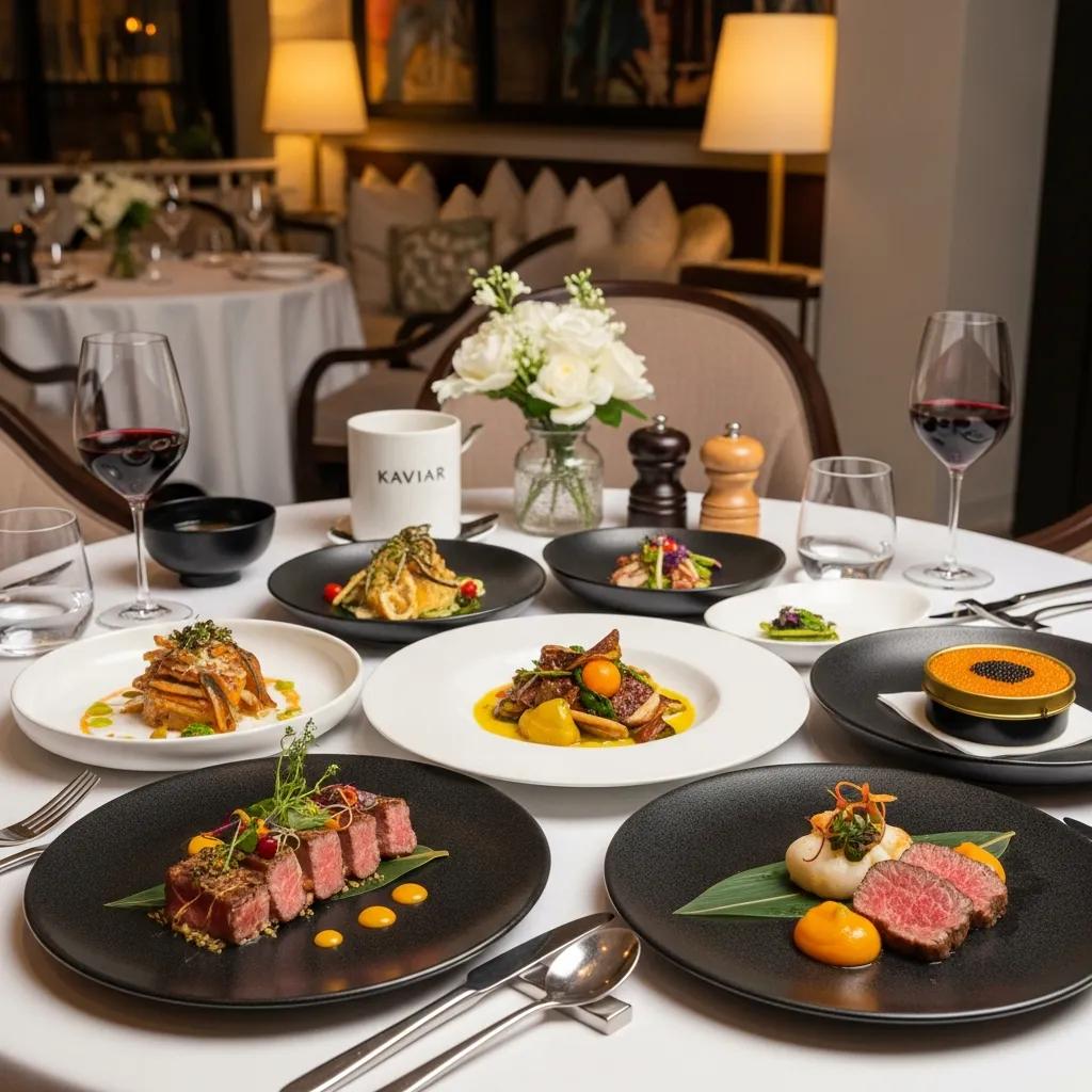 Elegant dining table at Kaviar Restaurant with omakase, A5 Wagyu, and caviar, showcasing exclusive dining rewards