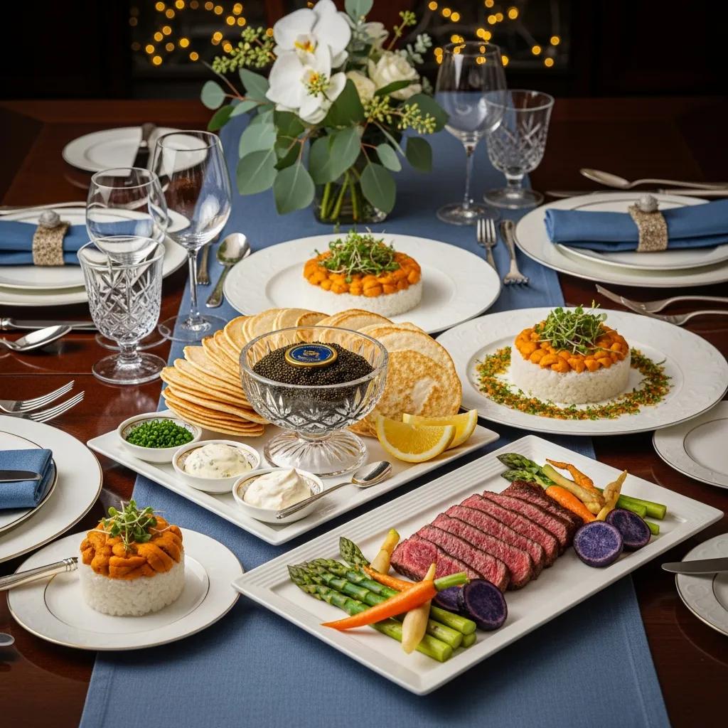 Table setting with Kaluga caviar on blini, thin-sliced A5 Wagyu with seasonal vegetables, and uni sushi&mdash;examples of balanced pairings