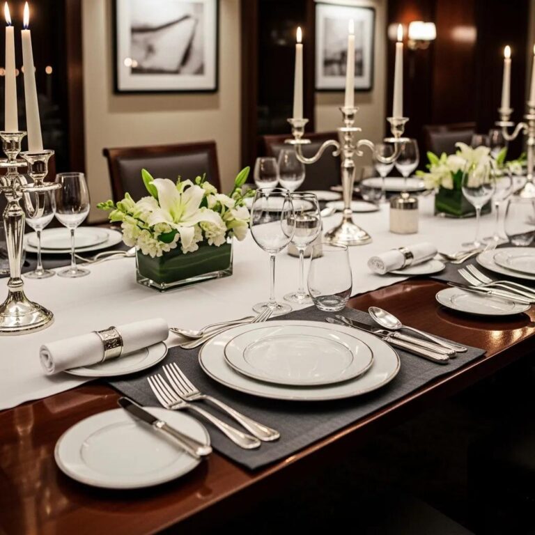 Elegant dining table set for a corporate dinner, featuring fine china, polished silverware, crystal glassware, and floral centerpieces, embodying professional ambiance and dining etiquette.