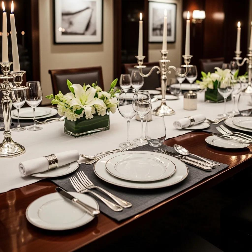Elegant dining table set for a corporate dinner, showcasing fine dining etiquette and professional ambiance