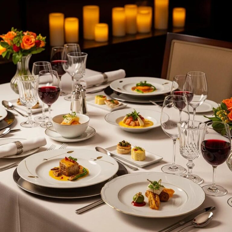 Elegant dining table set for a fine dining experience, featuring gourmet dishes, refined tableware, and wine glasses, with a backdrop of soft candlelight and floral arrangements, reflecting luxury and sophistication in culinary presentation.
