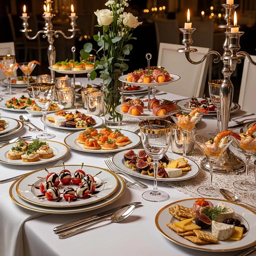 Refined dining setup with gourmet appetizers and tasteful table styling for a luxury gathering