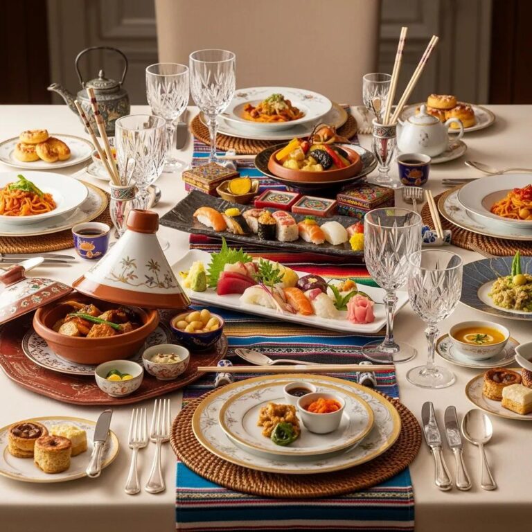 Elegant dining table set with international cuisine, showcasing cultural dining elements and luxury tableware
