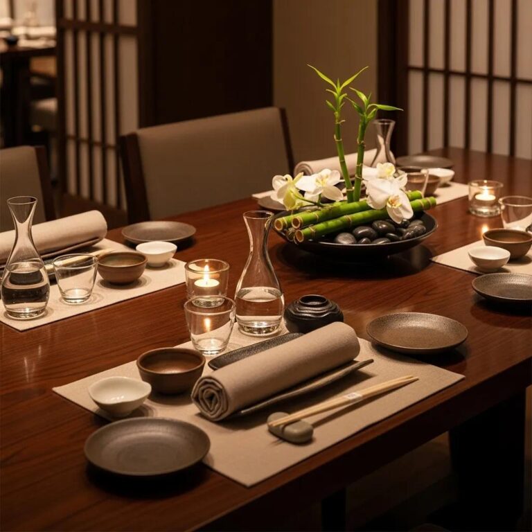 Elegant dining table setup at a luxury Japanese restaurant, highlighting fine dining attire and ambiance