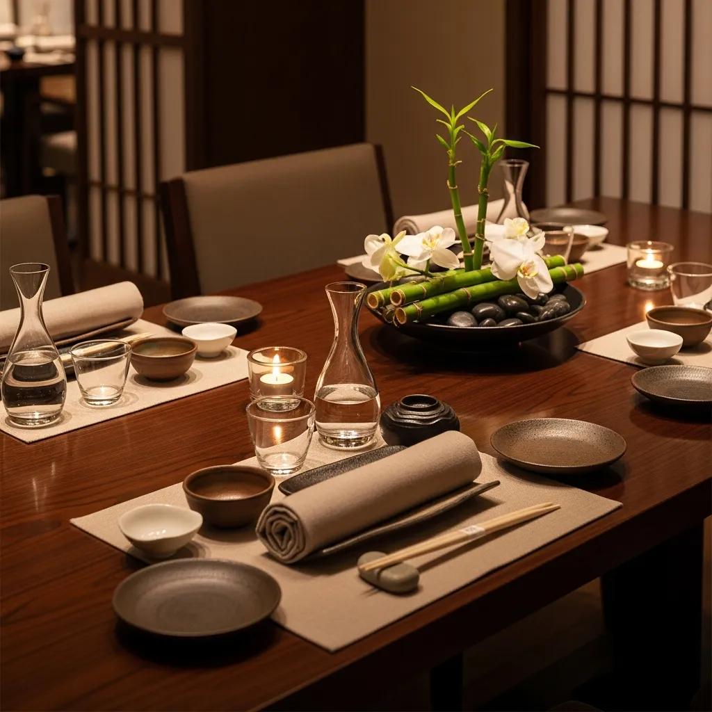 Elegant dining table setup at a luxury Japanese restaurant, highlighting fine dining attire and ambiance