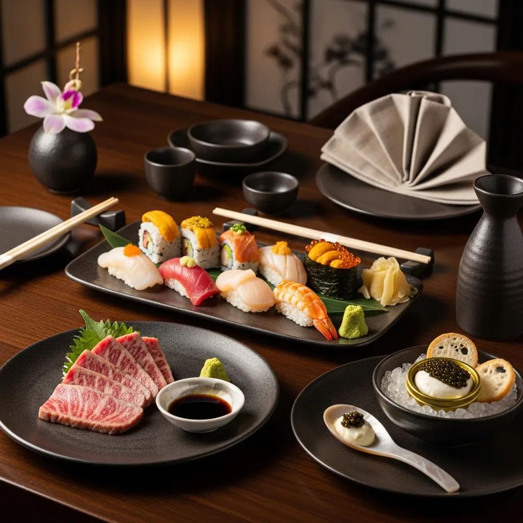 Elegant dining table featuring luxury Japanese cuisine, including sushi, A5 Wagyu, and caviar, set in a refined atmosphere with dark tableware and decorative elements.