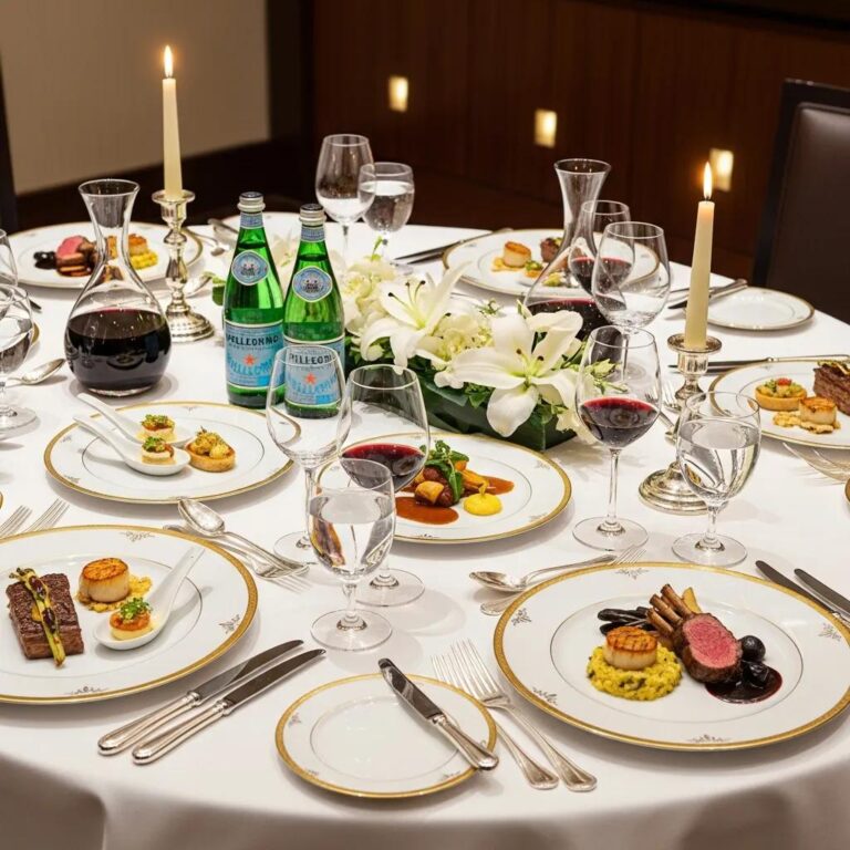 Elegant dining table showcasing premium bottled water and gourmet dishes in a luxurious setting