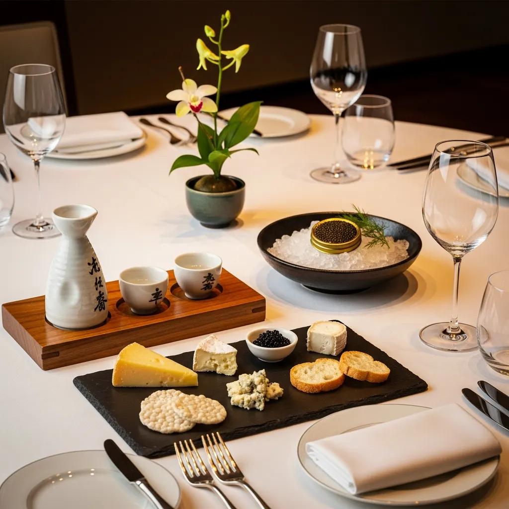 Elegant dining table featuring artisanal cheeses, sake, and caviar, illustrating the fusion of Japanese fine dining and gourmet cheese pairings, with a focus on umami and textural contrasts.