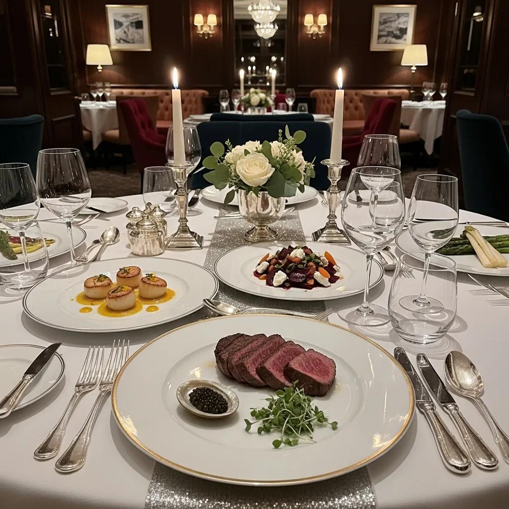 Elegant dining table set for luxury private dining, featuring gourmet dishes like sliced beef with caviar, scallops, and vibrant salads, with candles and floral centerpiece enhancing the ambiance.