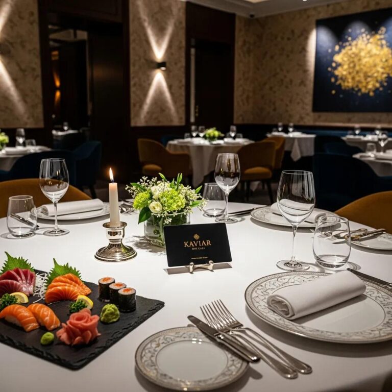 Elegant dining table at Kaviar Restaurants featuring a selection of sushi and sashimi, a candle, fresh flowers, and a Kaviar gift card, showcasing a luxurious Japanese dining ambiance.