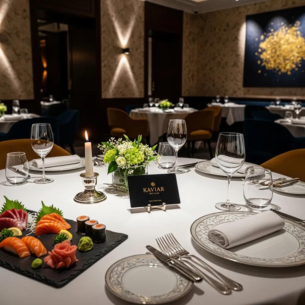 Elegant dining table at Kaviar featuring a Kaviar gift card, beautifully arranged sushi platter with sashimi, and decorative floral centerpiece, embodying a luxurious Japanese culinary experience.