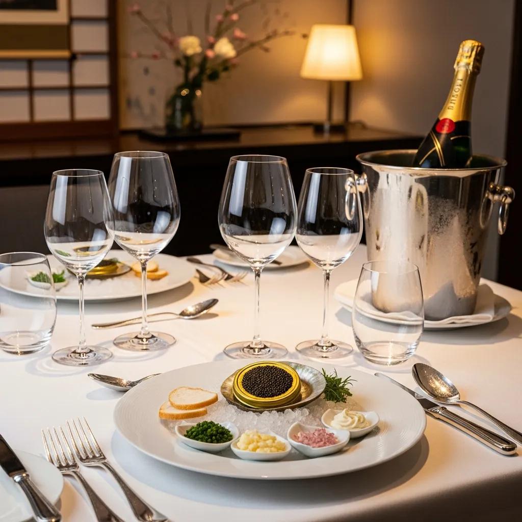 Elegant dining table with wine glasses and Kaluga caviar, showcasing luxury wine pairing for Japanese cuisine