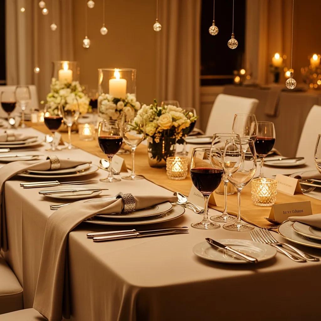Elegant dinner table setting with luxurious linens and polished cutlery for a sophisticated dining experience
