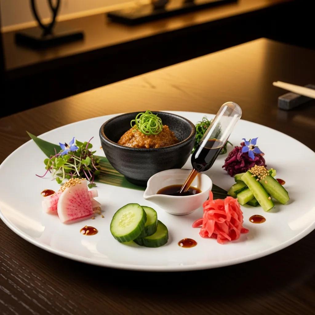 Carefully arranged miso, soy sauce and pickled vegetables presented in a refined dining style