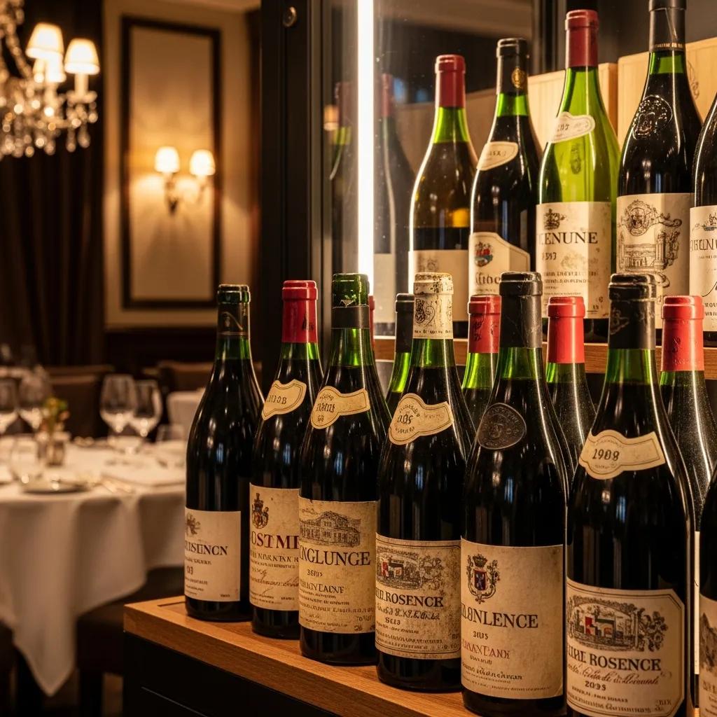 Elegant display of rare vintage wines in a fine dining setting, highlighting luxury and sophistication