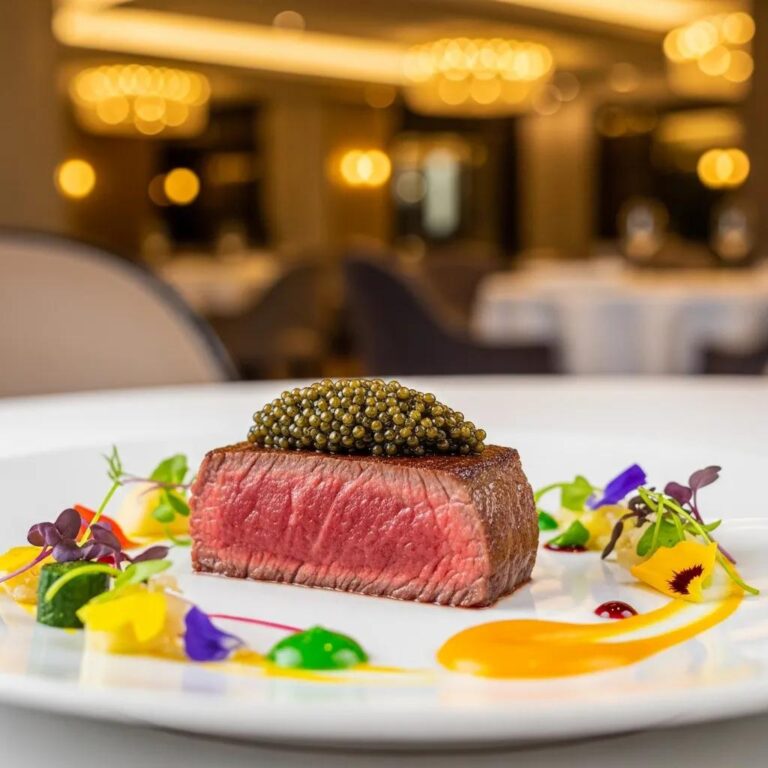 A5 Wagyu beef topped with caviar, garnished with colorful sauces and edible flowers, in an elegant fine dining restaurant setting.