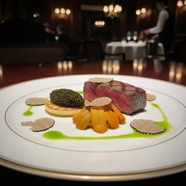 Elegant fine dining plate showcasing gourmet superfoods including Kaluga caviar, A5 Wagyu, uni, and truffles in a luxurious restaurant setting