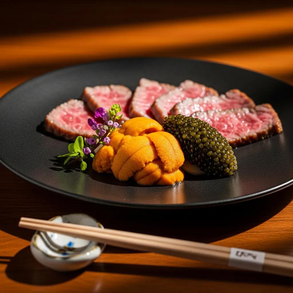 Elegant fine dining plate featuring A5 Wagyu beef, fresh uni, and caviar, garnished with delicate herbs and served with chopsticks, showcasing luxury Japanese cuisine at Kaviar Restaurants.