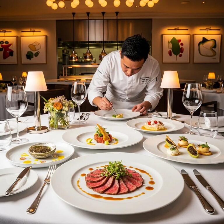 Chef plating gourmet dishes in an elegant fine dining setup at Kaviar Restaurants, featuring various meticulously arranged plates, wine glasses, and a floral centerpiece, highlighting emerging culinary talents.