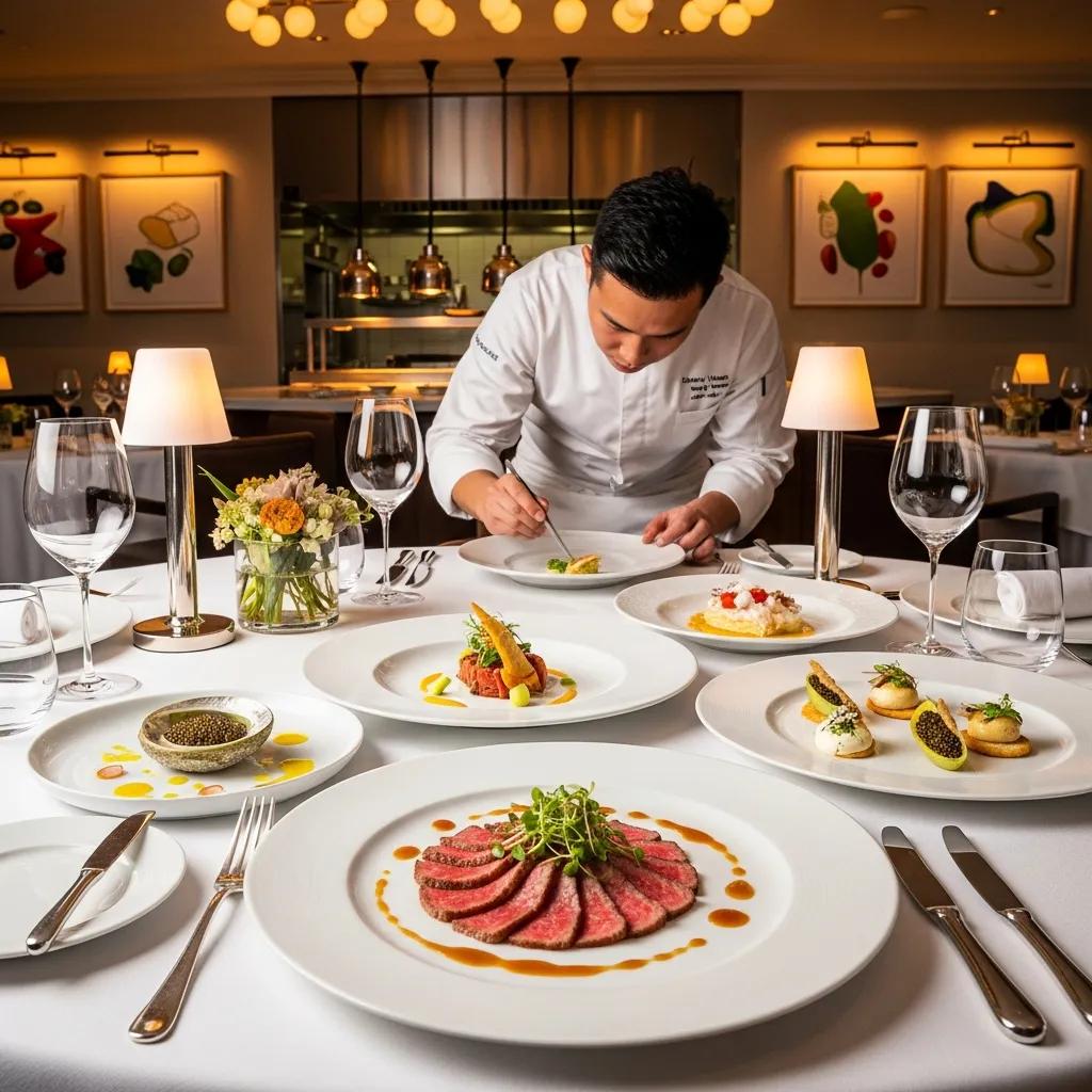 Elegant fine dining setup with gourmet dishes and a chef plating, highlighting emerging culinary talents