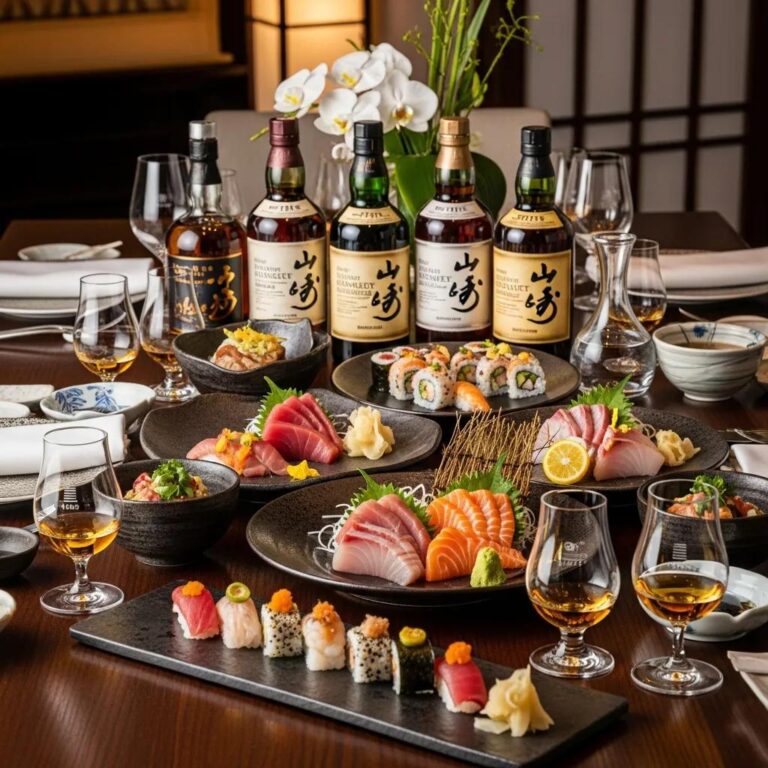 Elegant fine dining setup with Japanese whisky and sushi, showcasing luxury dining experience