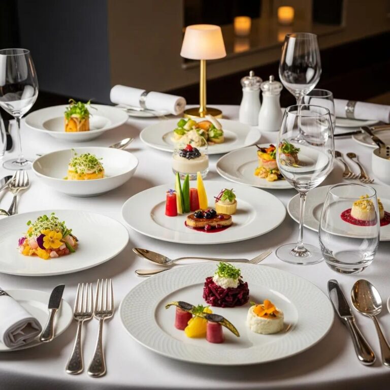 Elegant fine dining table set for a tasting menu with gourmet dishes and luxurious ambiance