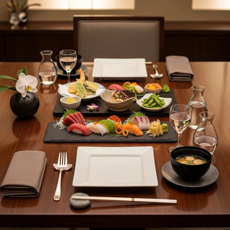 Elegant fine dining table set for Japanese luxury cuisine with sushi and sake