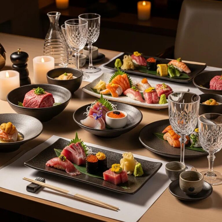 Elegant fine dining table set for omakase with sushi and premium ingredients