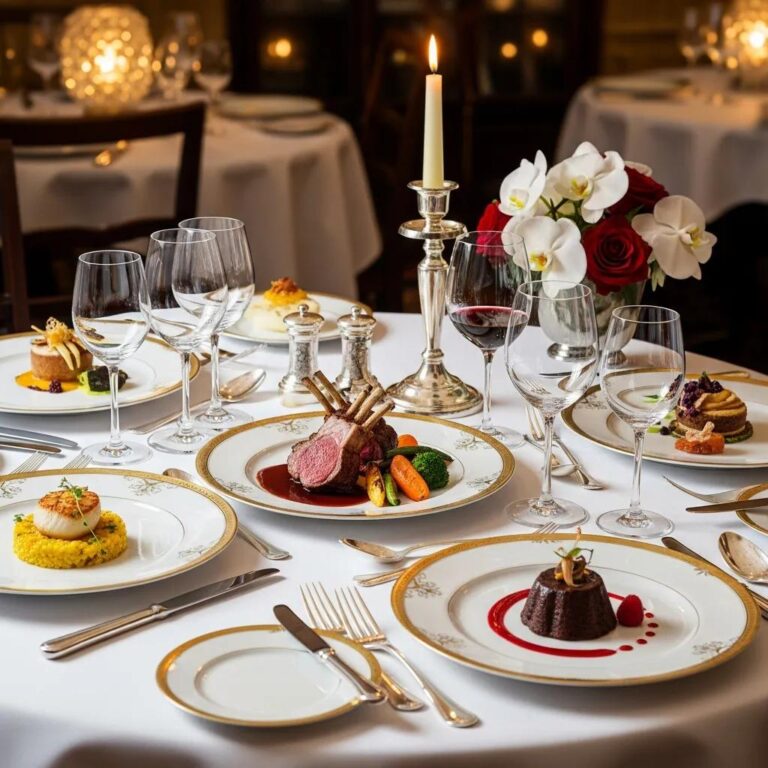 Elegant fine dining table set with gourmet dishes, emphasizing the luxury and sensory experience of mindful eating