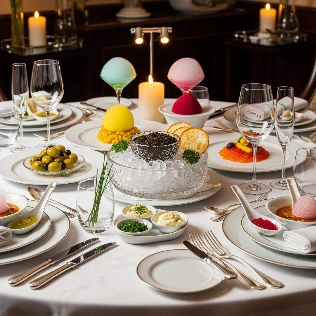 An elegant table set with modern dishes that incorporate molecular techniques, highlighting culinary artistry