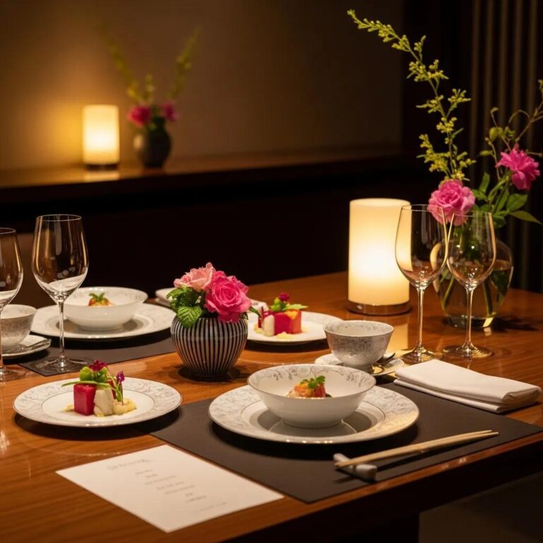 Elegant fine dining table setting in a luxury Japanese restaurant showcasing ambiance and sophistication