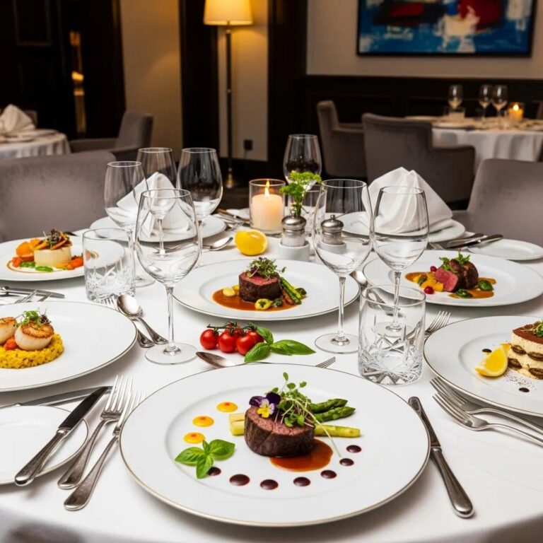 Elegant fine dining table setting showcasing gourmet dishes and luxurious ambiance