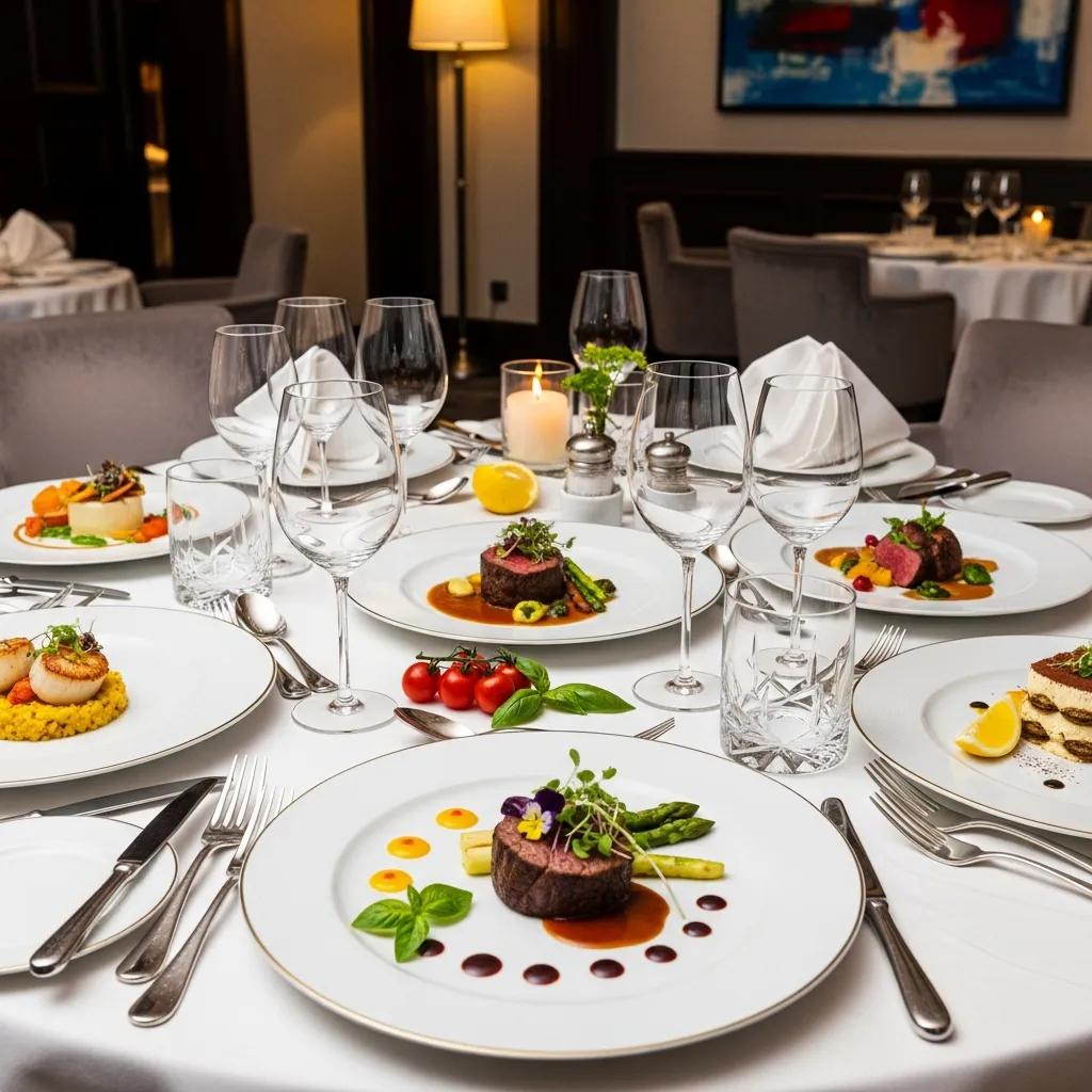 Elegant fine dining table setting showcasing gourmet dishes and luxurious ambiance