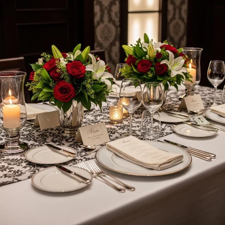 Elegant fine dining table setting showcasing luxury tableware and seasonal flowers