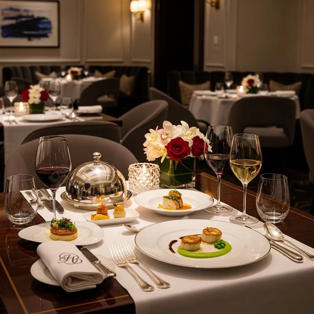 Elegant fine dining table setting with exquisite dishes and ambient lighting