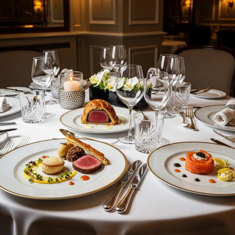 Elegant fine dining table setting featuring gourmet dishes, including beef Wellington, salmon, and intricate garnishes, surrounded by luxurious tableware and crystal glassware, enhancing the Japanese culinary experience at Kaviar Restaurants.