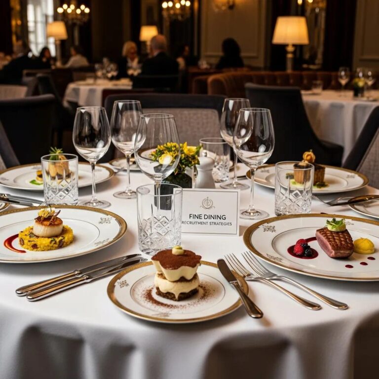 Elegant fine dining table setting featuring gourmet dishes, including a seafood dish, dessert, and a main course, with sophisticated ambiance and a decorative floral centerpiece, relevant to luxury dining experiences at Kaviar Restaurants.