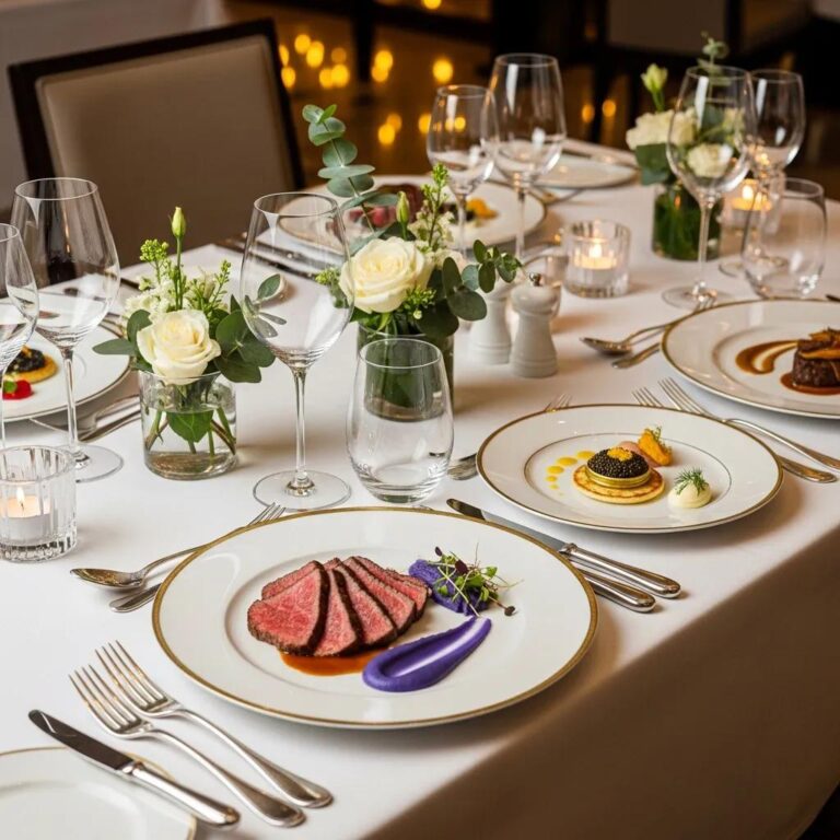 Elegant fine dining table setting with gourmet dishes and sophisticated ambiance