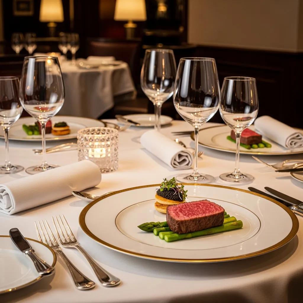 Elegant fine dining table setting with gourmet dishes emphasizing A5 Wagyu and caviar