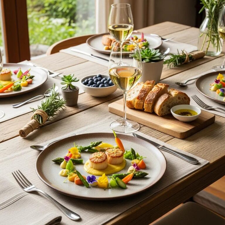 Elegant fine dining table featuring seasonal local ingredients, beautifully plated dish with scallops, colorful vegetables, and edible flowers, accompanied by white wine, fresh bread, and blueberries in a sustainable luxury setting.