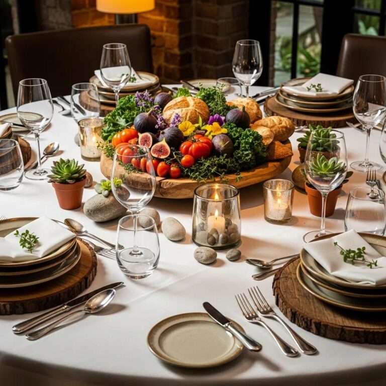 Elegant fine dining table showcasing seasonal organic produce in a sustainable setting