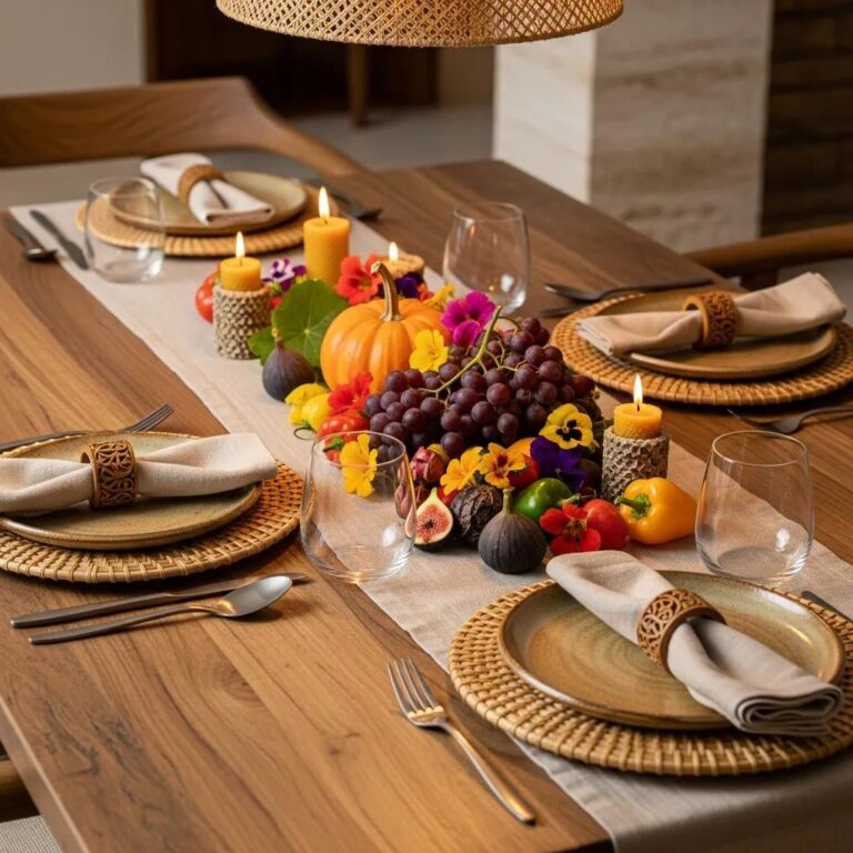 Elegant fine dining table set with seasonal produce, colorful flowers, and candles, emphasizing Kaviar's commitment to sustainability and eco-conscious dining.