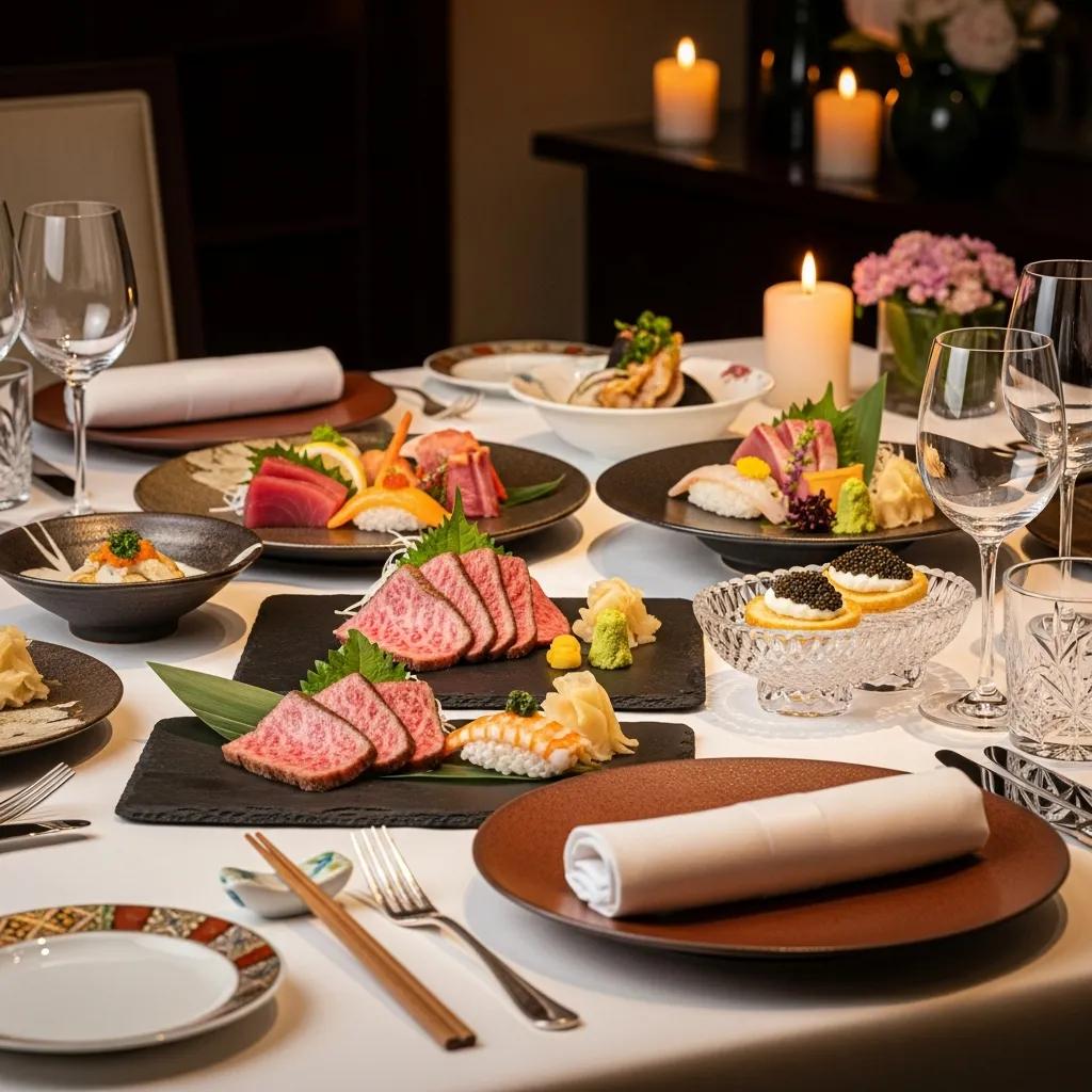 Elegant fine dining table featuring A5 Wagyu, sushi, and caviar, showcasing luxury Japanese cuisine in a sophisticated setting with candles and floral decor.