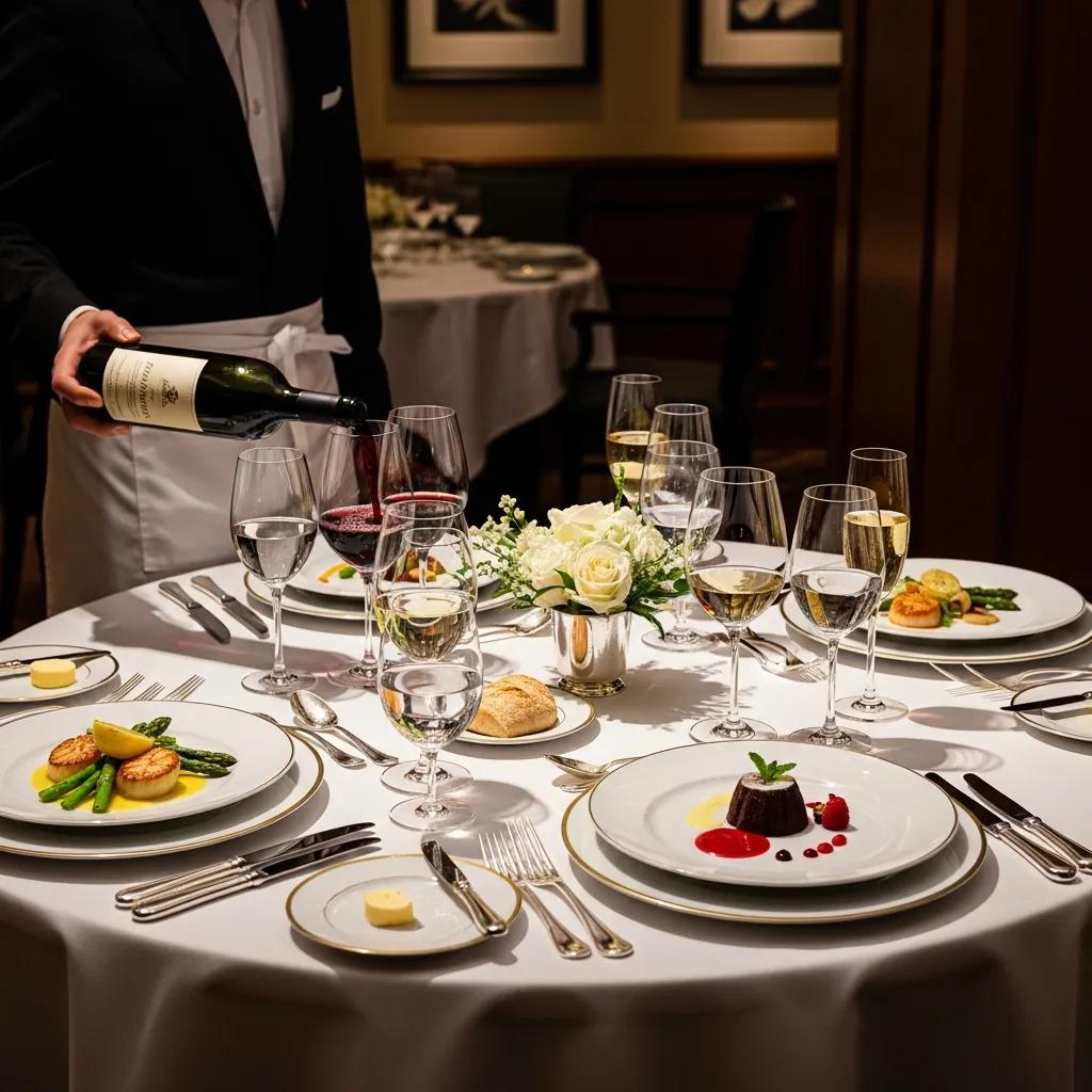 Elegant fine dining table set with gourmet dishes, wine being poured, luxurious ambiance, showcasing seasonal ingredients and meticulous presentation.