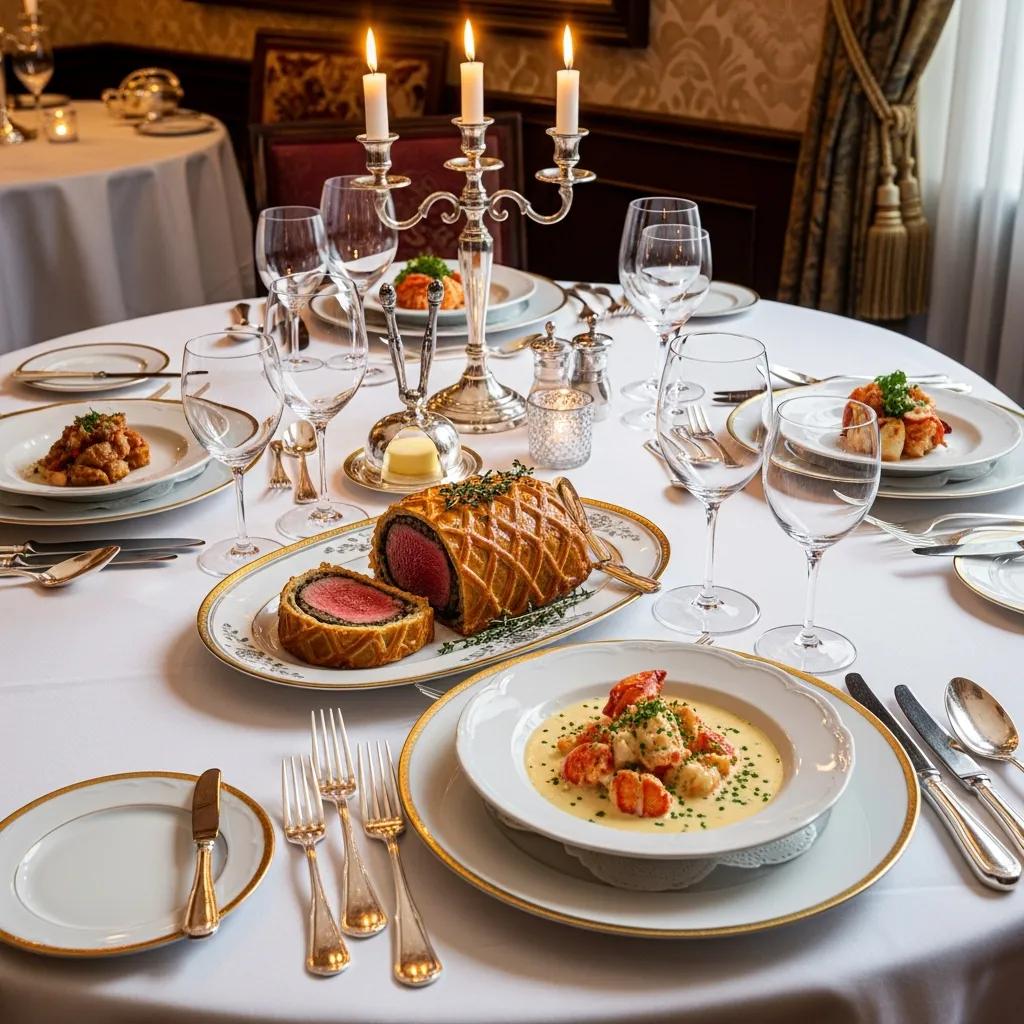 Elegant fine dining table set with gourmet dishes, including a beautifully presented beef Wellington, seafood dish, and sophisticated glassware, highlighting Kaviar's luxurious culinary experience and classic cuisine heritage.